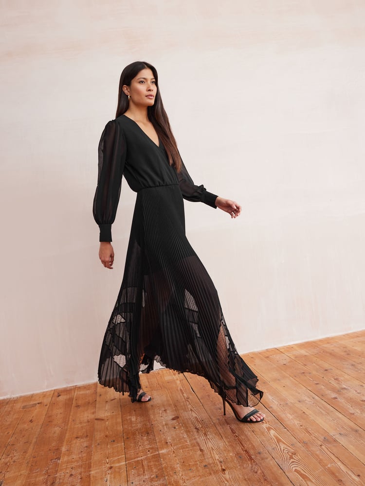 Black Wrap Front Sheer Skirt Midi Dress - Image 2 of 8