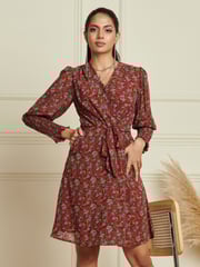 Jolie Moi Red Shirred Cuff Tie Waist Dress - Image 1 of 6