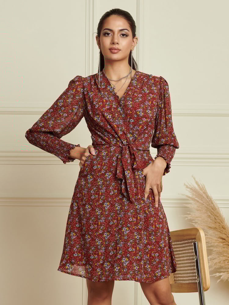 Jolie Moi Red Shirred Cuff Tie Waist Dress - Image 1 of 6