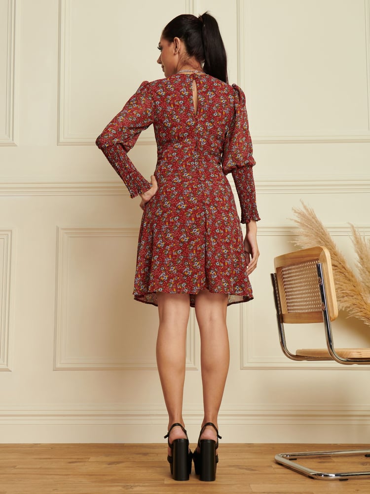 Jolie Moi Red Shirred Cuff Tie Waist Dress - Image 2 of 6