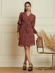 Jolie Moi Red Shirred Cuff Tie Waist Dress - Image 3 of 6