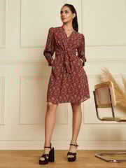 Jolie Moi Red Shirred Cuff Tie Waist Dress - Image 4 of 6