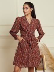 Jolie Moi Red Shirred Cuff Tie Waist Dress - Image 5 of 6