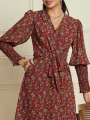 Jolie Moi Red Shirred Cuff Tie Waist Dress - Image 6 of 6