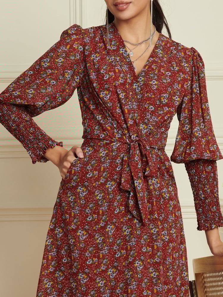 Jolie Moi Red Shirred Cuff Tie Waist Dress - Image 6 of 6