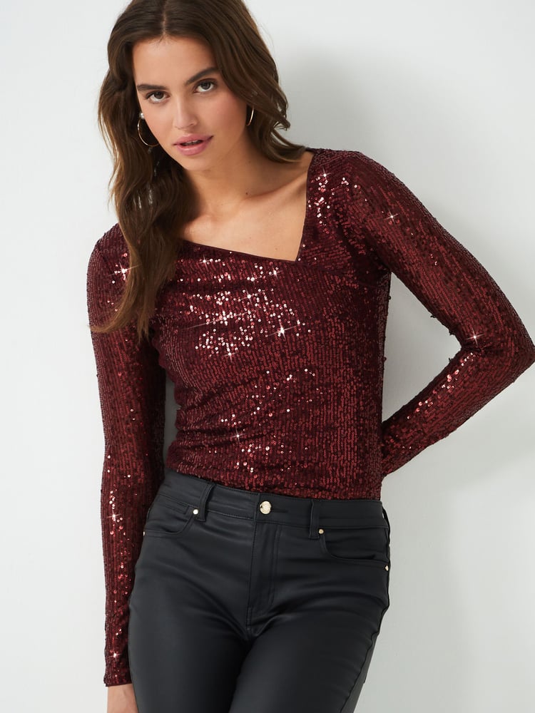 Berry Red Sequin Long Sleeve Asymmetric Party Top - Image 1 of 6