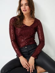 Berry Red Sequin Long Sleeve Asymmetric Party Top - Image 2 of 6
