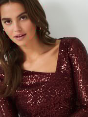 Berry Red Sequin Long Sleeve Asymmetric Party Top - Image 4 of 6