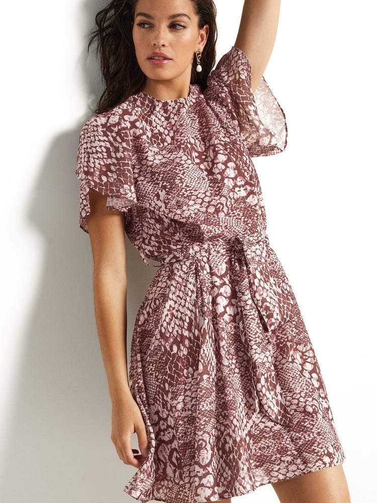 Pink Snake Print Sparkle Flutter Sleeve Mini Dress - Image 1 of 6