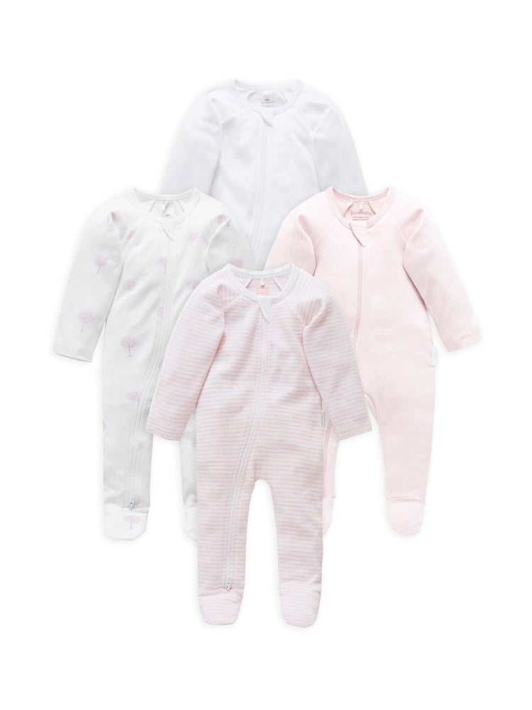 Purebaby Pink Zip 100% Cotton Sleepsuits 4 Pack - Image 1 of 2