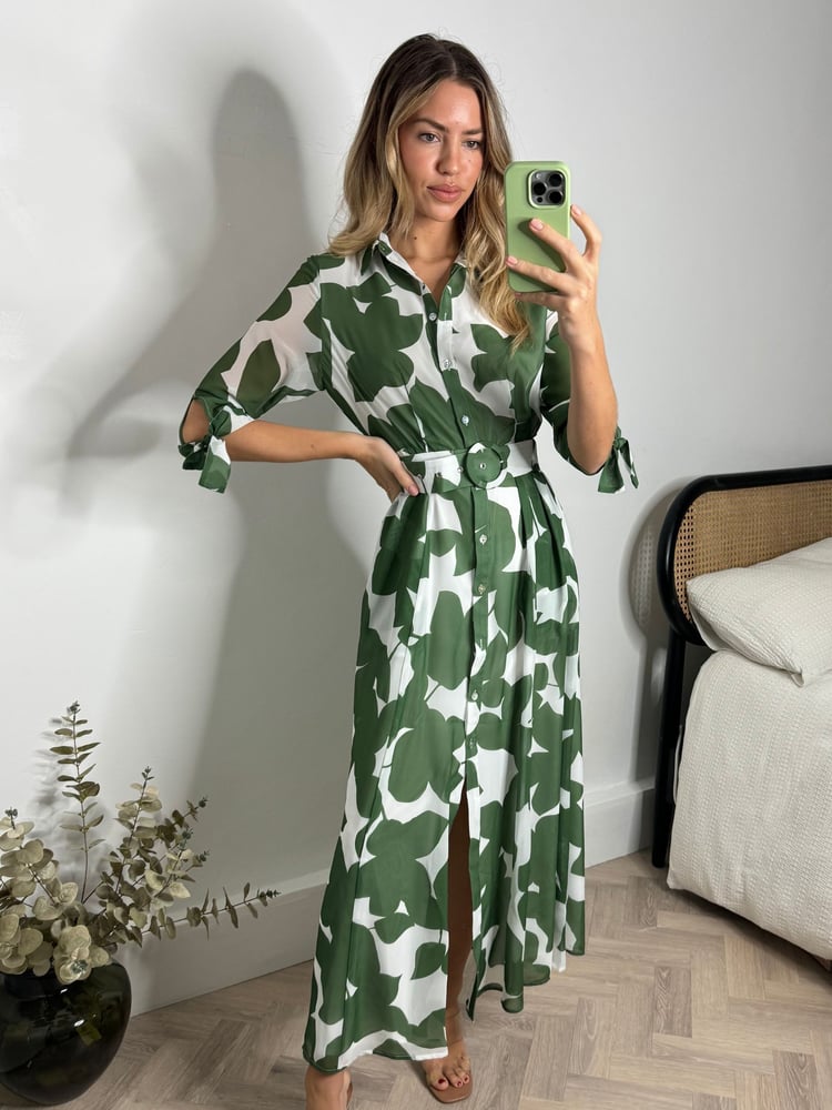 Style Cheat Green Daphne Belted Shirt Midaxi Dress - Image 1 of 5