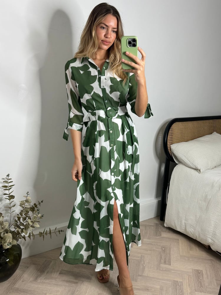 Style Cheat Green Daphne Belted Shirt Midaxi Dress - Image 2 of 5