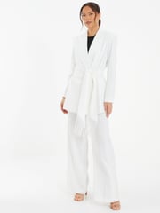 Quiz White Woven Tailored Blazer with White Fringe Tie Belt - Image 3 of 4