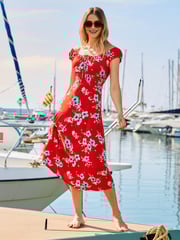 Sosandar Red Floral Print Shirred Waist Midi Dress - Image 1 of 4