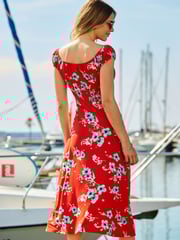 Sosandar Red Floral Print Shirred Waist Midi Dress - Image 2 of 4