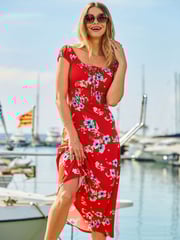 Sosandar Red Floral Print Shirred Waist Midi Dress - Image 3 of 4