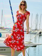 Sosandar Red Floral Print Shirred Waist Midi Dress - Image 4 of 4