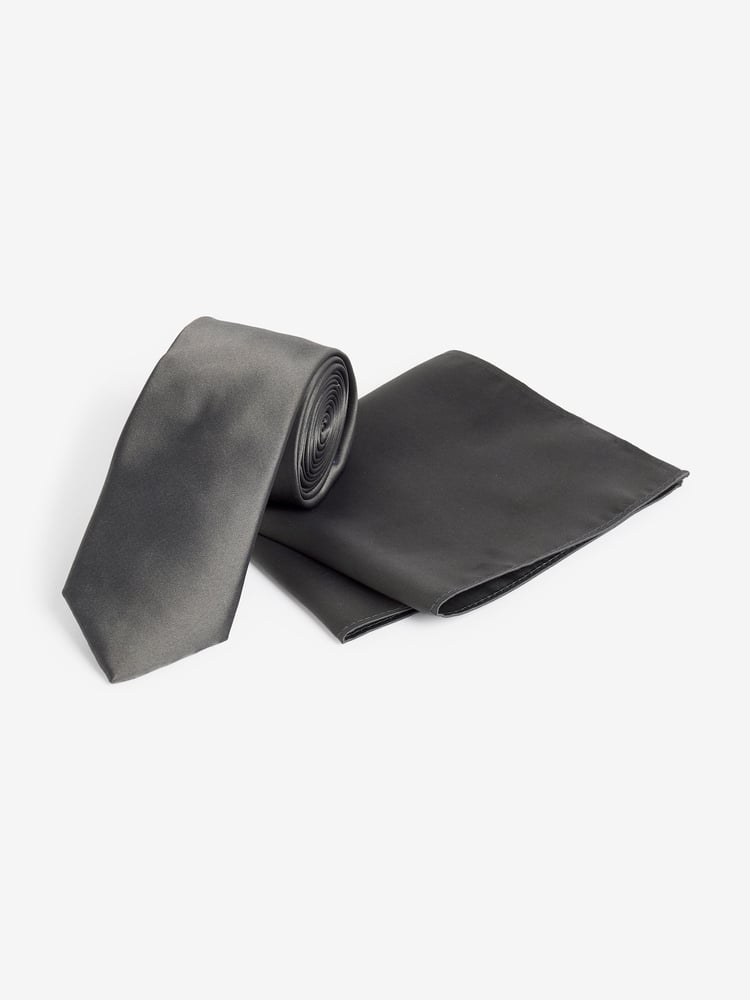 Charcoal Grey Satin Tie And Pocket Square Set - Image 1 of 5