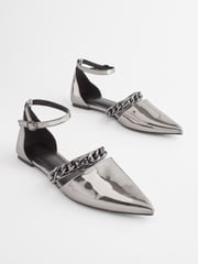 Pewter Silver Forever Comfort® Point Toe Chain Trim Flats - Image 1 of 6