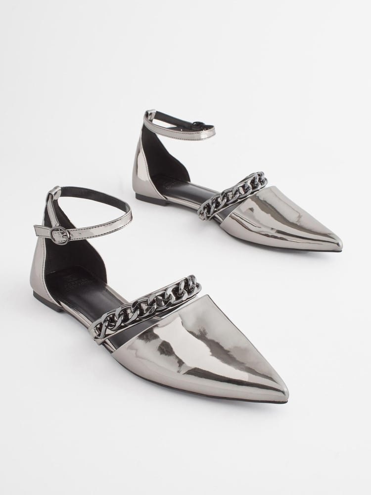 Pewter Silver Forever Comfort® Point Toe Chain Trim Flats - Image 1 of 6