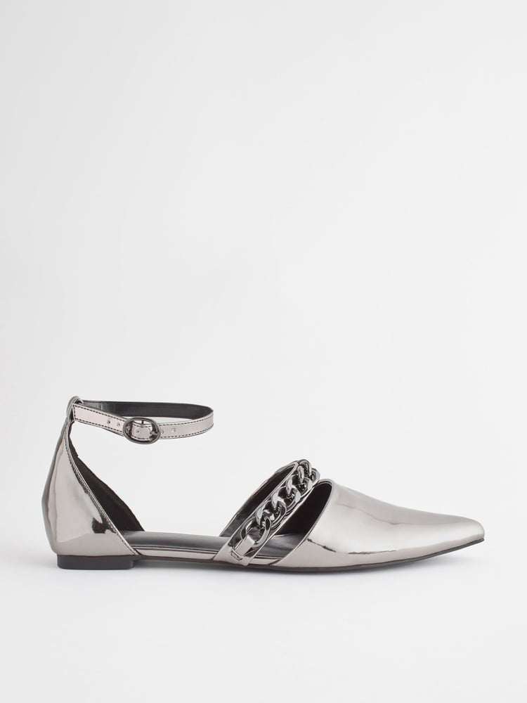 Pewter Silver Forever Comfort® Point Toe Chain Trim Flats - Image 2 of 6