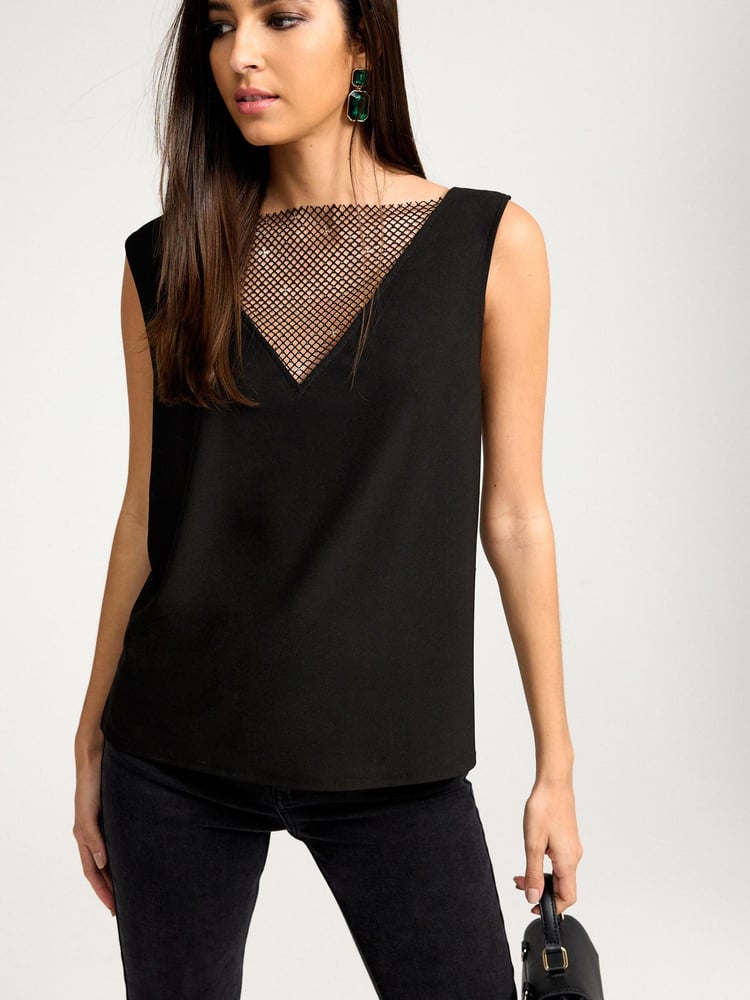 Black Embellished Sparkle Sleeveless Top - Image 1 of 6