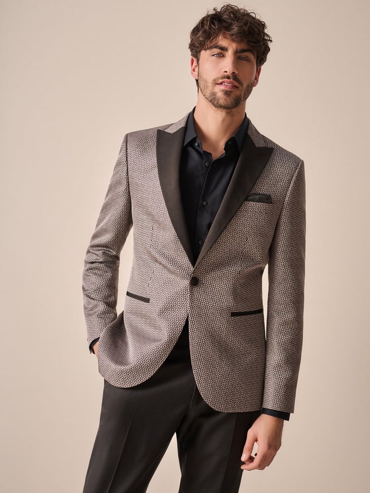 Charcoal Grey Slim Fit Satin Jacquard Blazer - Image 1 of 11