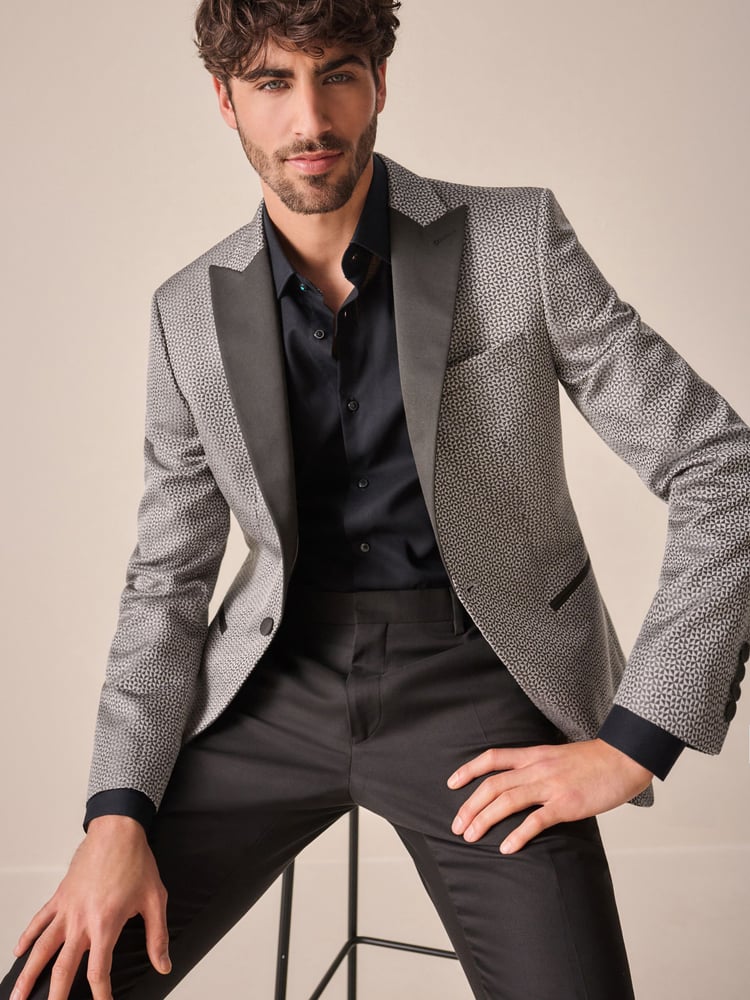 Charcoal Grey Slim Fit Satin Jacquard Blazer - Image 2 of 11