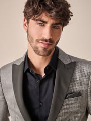 Charcoal Grey Slim Fit Satin Jacquard Blazer - Image 3 of 11