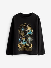Black/Gold Cosmic Reindeer Sequin Christmas Long Sleeve T-Shirt (3-16yrs) - Image 1 of 3
