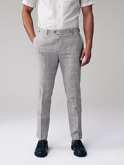 Grey Slim Fit Check Linen Suit: Trousers - Image 1 of 3