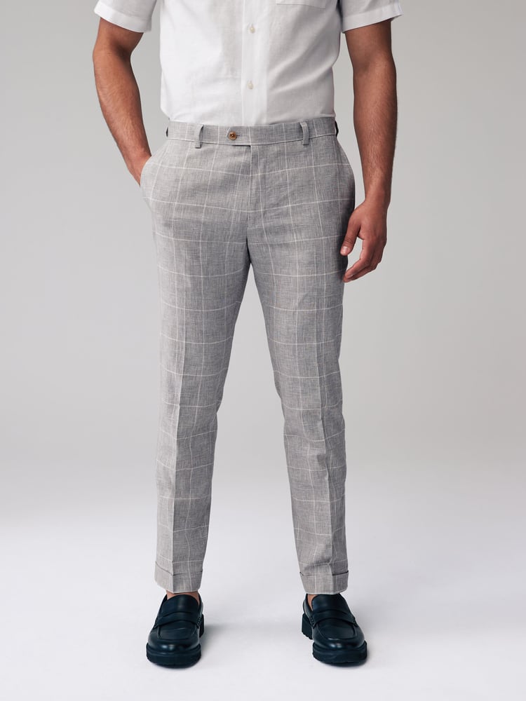 Grey Slim Fit Check Linen Suit: Trousers - Image 1 of 3