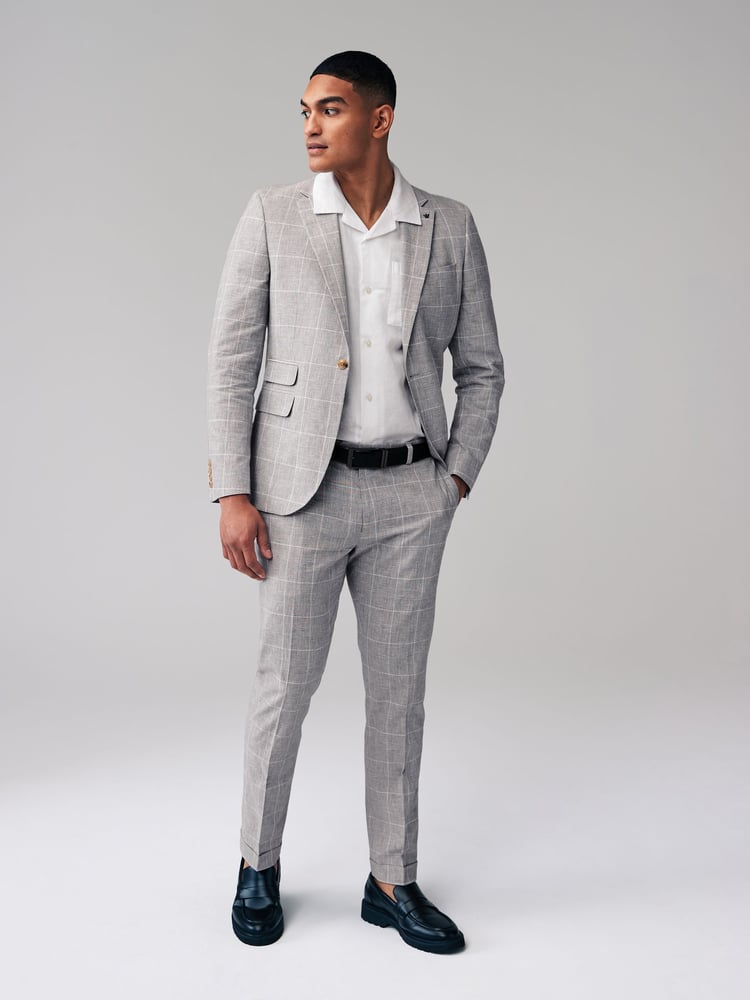 Grey Slim Fit Check Linen Suit: Trousers - Image 2 of 3
