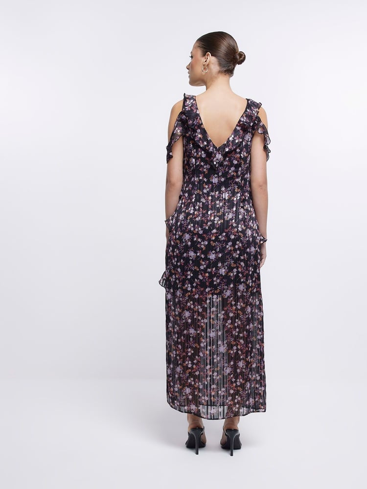 River Island Black Midi Ruffle Dress - Image 2 of 4 River Island Black Midi Ruffle Dress - Image 2 of 4