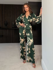 Girl In Mind Green Daisy Wrap Front Jumpsuit - Image 1 of 4