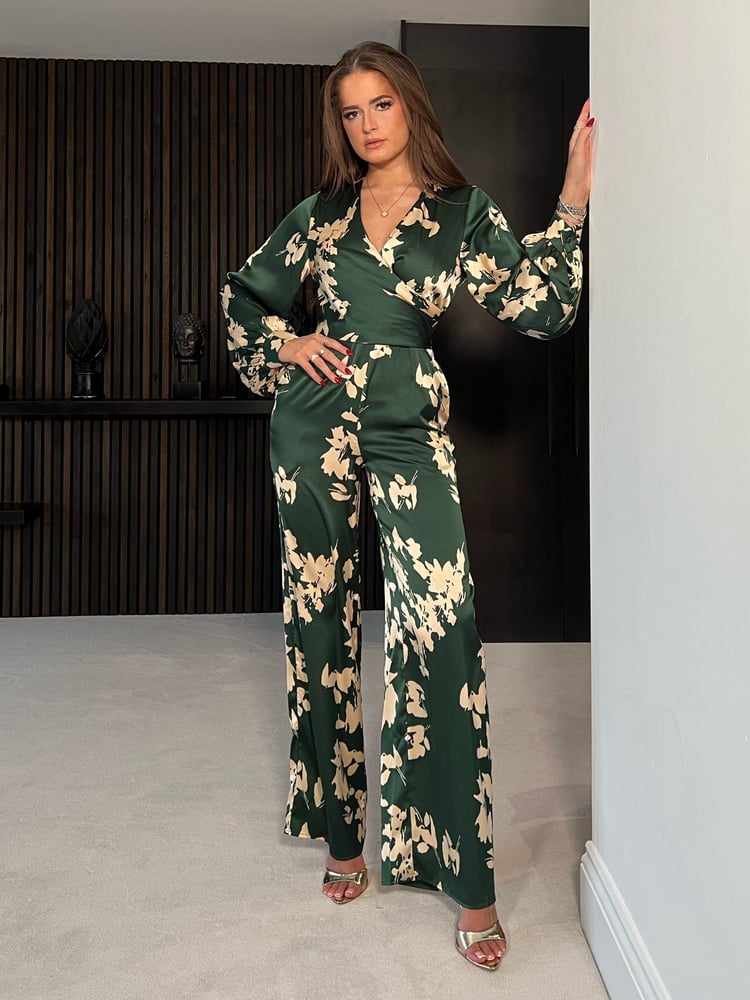 Girl In Mind Green Daisy Wrap Front Jumpsuit - Image 1 of 4