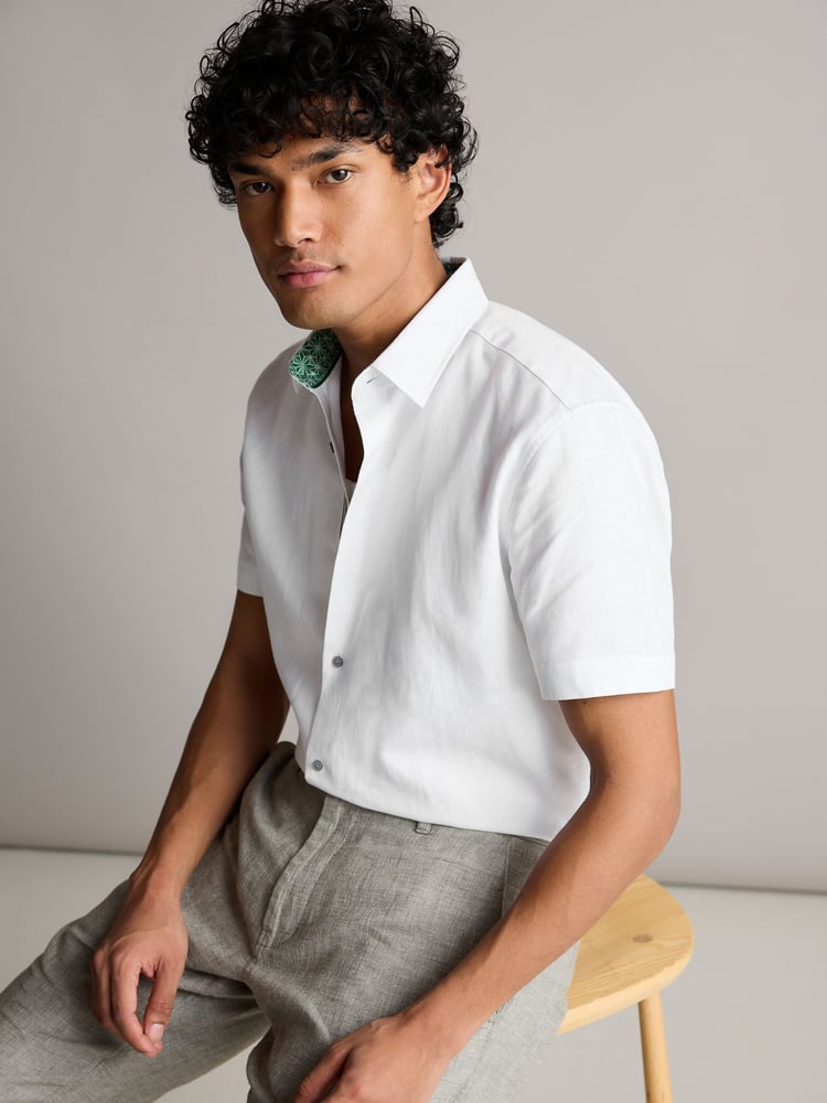 White Regular Fit Trimmed Linen Blend Short Sleeve Shirt - Image 1 of 8