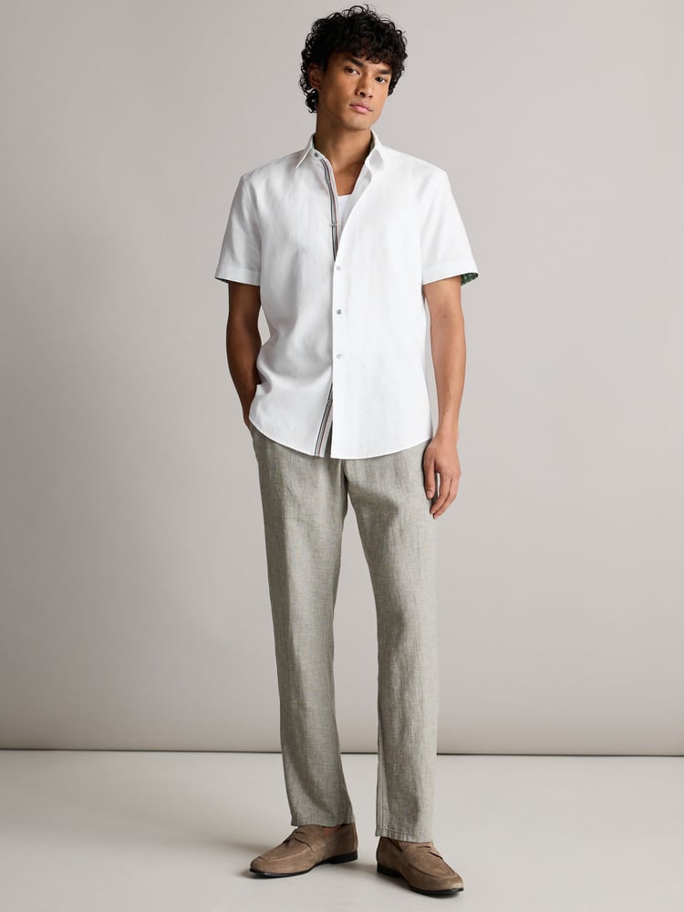White Regular Fit Trimmed Linen Blend Short Sleeve Shirt - Image 2 of 8