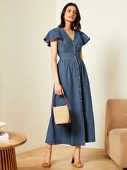 Love & Roses Blue Denim Flutter Sleeve Button Through Dress - Image 1 of 4