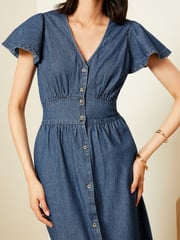 Love & Roses Blue Denim Flutter Sleeve Button Through Dress - Image 2 of 4
