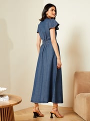 Love & Roses Blue Denim Flutter Sleeve Button Through Dress - Image 3 of 4