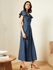 Love & Roses Blue Denim Flutter Sleeve Button Through Dress - Image 4 of 4