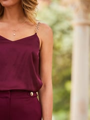 Sosandar Burgundy Red Satin Embellished Strap Cami Top - Image 5 of 5