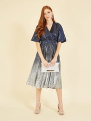 Yumi Blue Ombre Sequin Midi Wrap Dress - Image 1 of 5