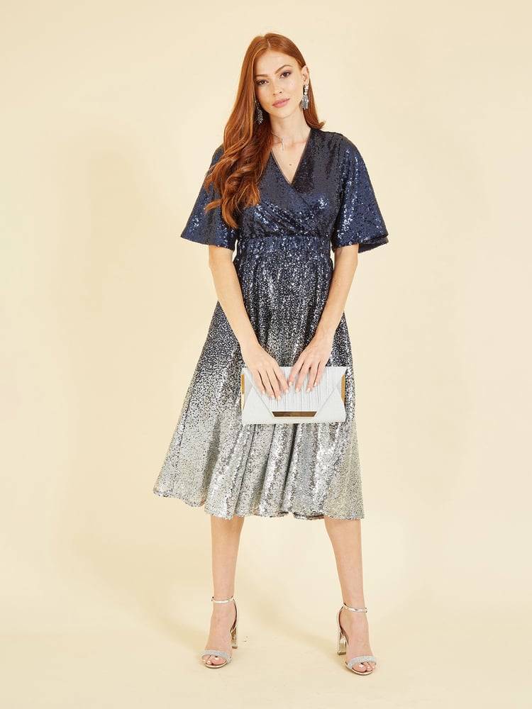 Yumi Blue Ombre Sequin Midi Wrap Dress - Image 1 of 5