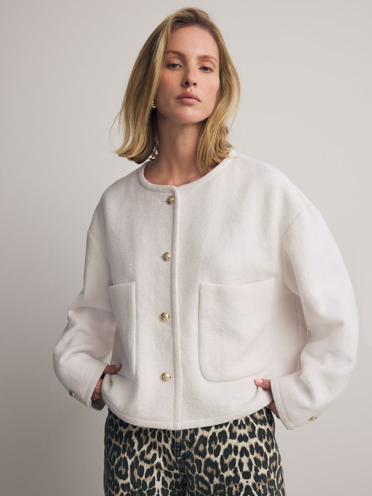 Ecru White Textured Boucle Jacket With Wool - Image 1 of 7