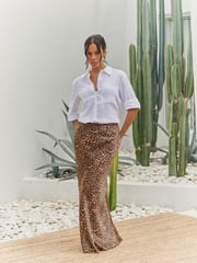 Black/Brown Leopard Animal Print Satin Midi Skirt - Image 1 of 8