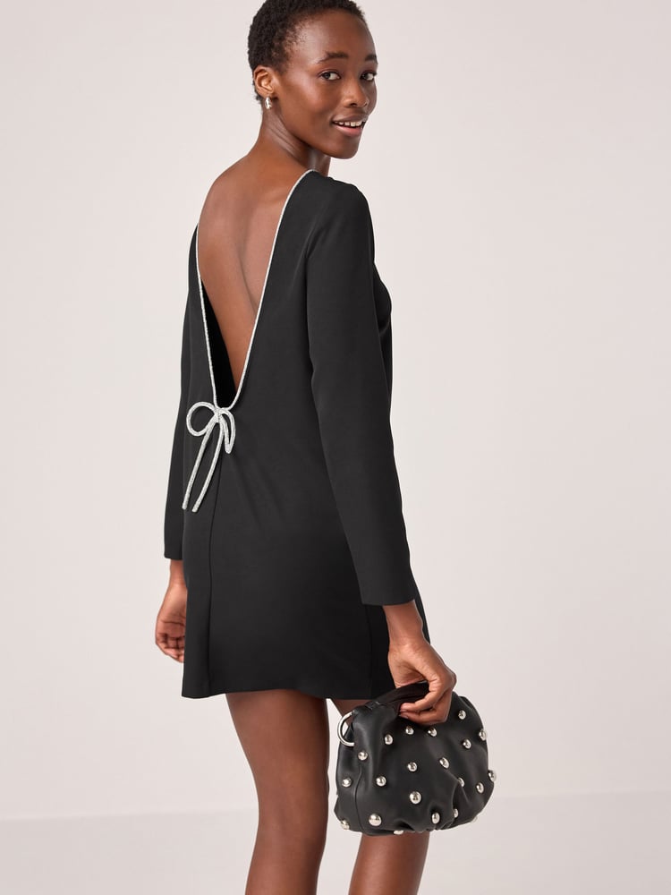 Black Longsleeve Bow Back Mini Dress - Image 1 of 8
