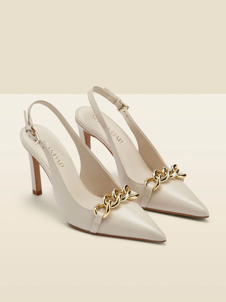 Sosandar Cream Leather Chain Detail Slingback Court Shoes - Image 2 of 5