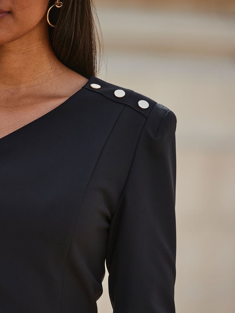 Sosandar Black Asymmetric Neckline Pencil Dress With Button Detail - Image 5 of 5